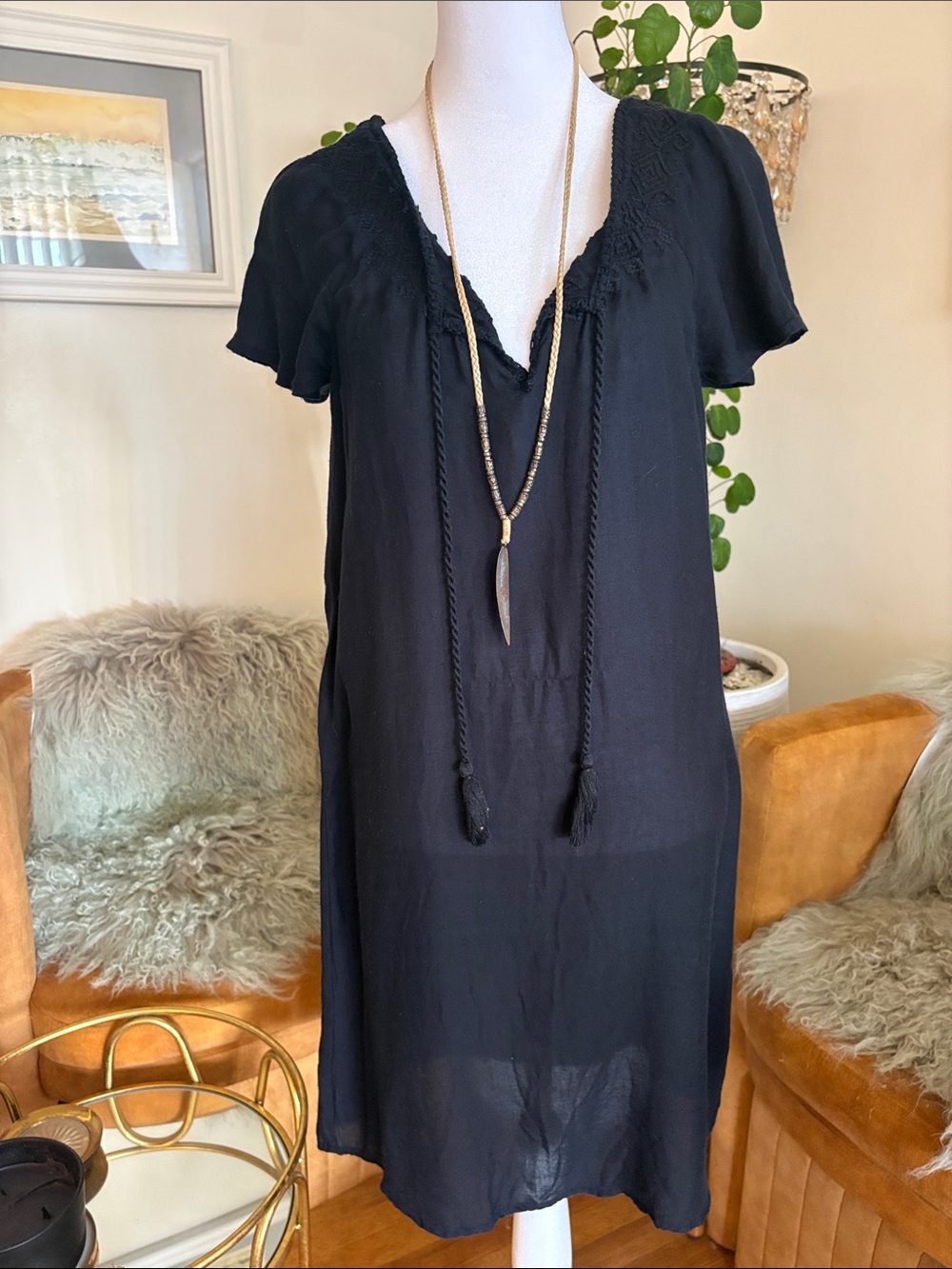 Soft Joie Black V-Neck Tassel Tie Swim Coverup